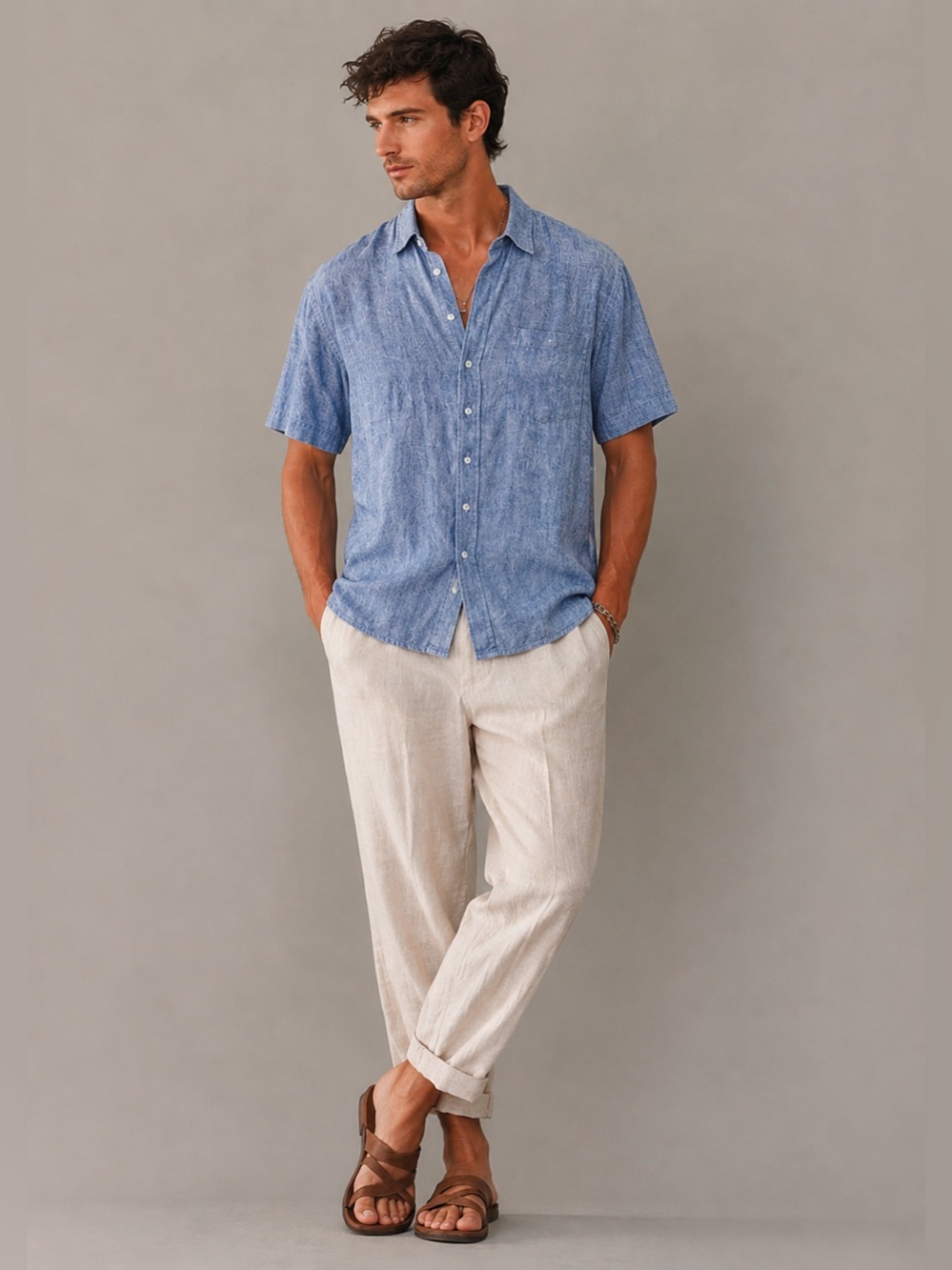 Weatherproof Vintage Blue Linen Blend Short Sleeve Button-Up Casual Shirt